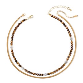 COAI Herringbone Shell Pearl Brown Tiger Eye Stone Beaded Choker Necklaces for Women