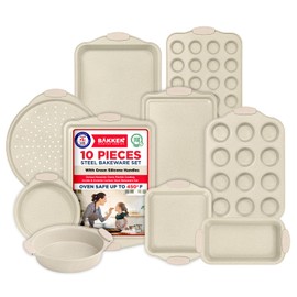 BAKKEN Kitchen Oven Baking Pans - Nonstick Gray Coating, Carbon Steel Bakeware Set with White Silicone Handles, Commercial Restaurant Quality Pans, PFOA, PFOS, PTFE Free, Oven Safe (450° F), Set of 10