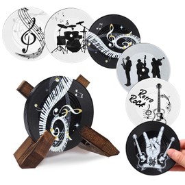 Boao 6 Pcs Funny Retro Vinyl Record Coasters for Drinks 4 Inch Cool Coaster with Retro Wood Holder Drink Coasters Record Coasters for Home Decoration Music Lovers Housewarming Gift(Classic,Rock)