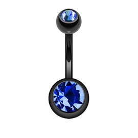 FIFTH CUE 14GA Black Titanium IP 316L Double CZ Barbell Belly Ring, Standard, 14GA - 10mm Length, Metal, cubic-zirconia