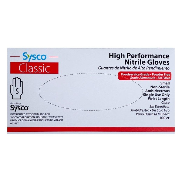 SYSCO Classic HIGH Performance Blue Nitrile Gloves Size Small Powder Free, 100 Count