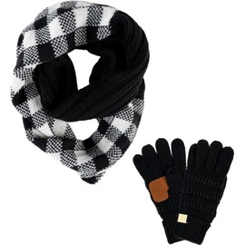Funky Junque Kids Texting Gloves & Scarf Bundle: Buffalo Check Black/White