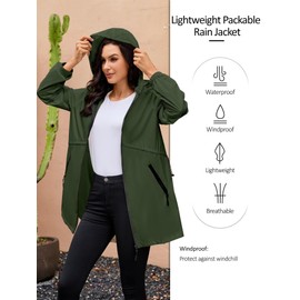 PITINAN Windbreaker Jacket Women Hooded Travel Rain Jacket Active Outdoor Quick Dry Packable Raincoat Women With Zippered Side Pockets Army Green XL