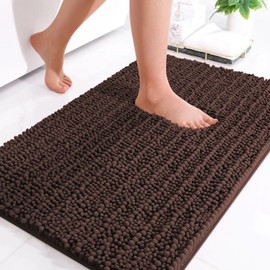 OLANLY Luxury Chenille Bath Mat, Extra Soft Thick Absorbent Shaggy Bathroom mat, Non-Slip Machine Wash Dry Plush Bath Mats for Bathroom, Shower, and Tub (24"x16", Brown)