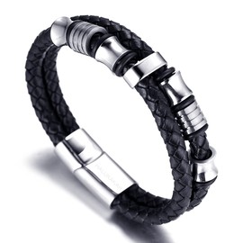 HALUKAKAH ● Solo ● Men's Genuine Leather Bracelet with Titanium Beads Silver Titanium Clasp with Magnets 8.46"(21.5cm) with FREE Giftbox