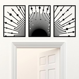 ruelen Metal Sun Wall Decor - Large Minimalist Sun Line Art Sculpture for Modern Home & Outdoor Decor, Set of 3 (40x28cm) - Nautical Black Sunshine Design
