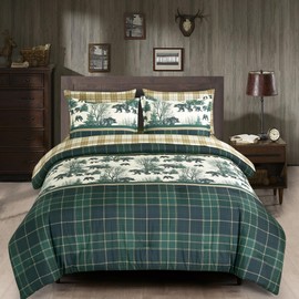 Chezmoi Collection Alpine 7-Piece Northwest Cabin Lodge Bed in a Bag Queen Comforter Set - Blue Green Ivory Tan Grizzly Bear Pine Tree Wilderness Printed Microfiber Bedding Set