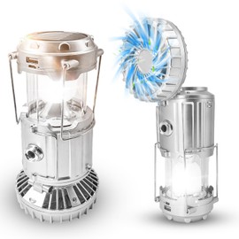 Solar Camping Lantern with Fan, Collapsible USB Rechargeable & Battery Powered Emergency Hanging Lights for Camping Tent Hurricanes Power Outages Storm Indoor Outdoor (Upgraded, 1 Pack)