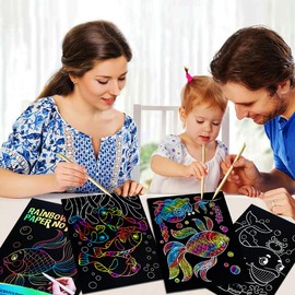 JUNQIU Scratch Art for Kids, Rainbow Scratch Paper Art Set - Ocean, Arts and Crafts for Kids Ages 4-8 Girls Boys, Kids Activity & Christmas Crafts, Stocking Stuffers for Kids
