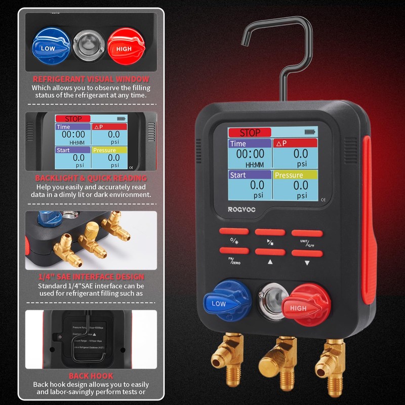 ROGVOC Digital Manifold Gauge, HVAC Refrigerants Digital AC Gauges Set
