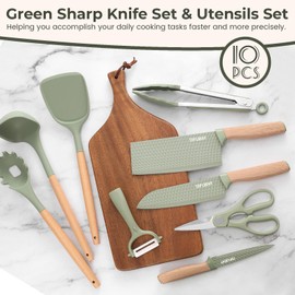 Kitchen Knife Sets, 10-Piece Green Sharp Knife Set & Utensils Set with Block,Stainless Steel Knife Block Set,Silicone Cooking Utensils Set with Tongs,Utensils Holder for Storing Kitchen Tools (Green)