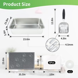 Rypet 1 SET Stainless Steel Litter Box，Rust Proof Metal Cat Litter Tray，Durable Kitten Litter Box with 1 Cat Litter Scoop，5 Litter Pee Splash Guard and 1 Cat Litter Mat，Easy to Clean(23.6"*15.8"*5.9")