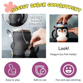 Soporte para pinta de helado de pingüino impreso en 3D, recipiente reutilizable a prueba de fugas de 16 onzas con mango anticongelante y ranuras para cuchara, paleta a prueba de fugas, funda para lata