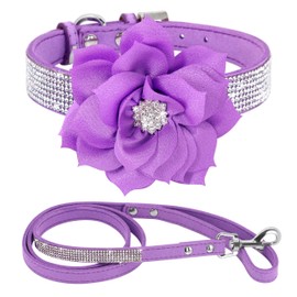 PET ARTIST Rhinestone Dog Collar and Leash Set, Sparkling Girl Dog Collars with Bling Diamonds, Soft Leather Purple Dog Collar for Female Dogs, Cute Flower Dog Collar for Small Puppy Dogs,S