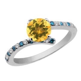 Gem Stone King 1.01 Cttw Round 6MM Yellow Citrine White Topaz and Blue Diamond 925 Sterling Silver Engagement Ring For Women | Gemstone Birthstone | Available In Size 5, 6, 7, 8, 9