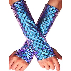 GEMILY Fingerless Fish Scale Gloves Long Metallic Dragon Arm Sleeves Sparkle Cosplay Gloves Costume Accessories for Women (Symphony)