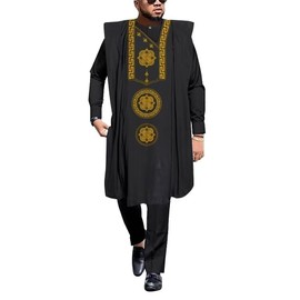 African Mens Clothing Sets Traditional Embroidery Agbada Robe Suits 3 Piece Set Dashiki Outfit Attire