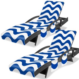 Ruikyhom Lounge Chair Towel Cover, Wavy Striped Chaise Lounge Cover (Pack of 2), Beach Chair Covers with 3 Pockets for Pool Sunbathing Beach Garden Courtyard Outdoor Trips, 85 x30 in, Blue