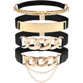 Zhanmai 4 Pieces Belts for Women Metal Gold Stretch Waist Belt Skinny Wide Chain Belt Elastic Belt for Dress (Black, Small)