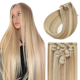 Sunya Clip-In Real Hair Extensions, Ash Blonde with Platinum Blonde, Invisible Real Hair Extension, 30 cm, 7 Pieces, 70 g/Pack, Semaless Straight Hair