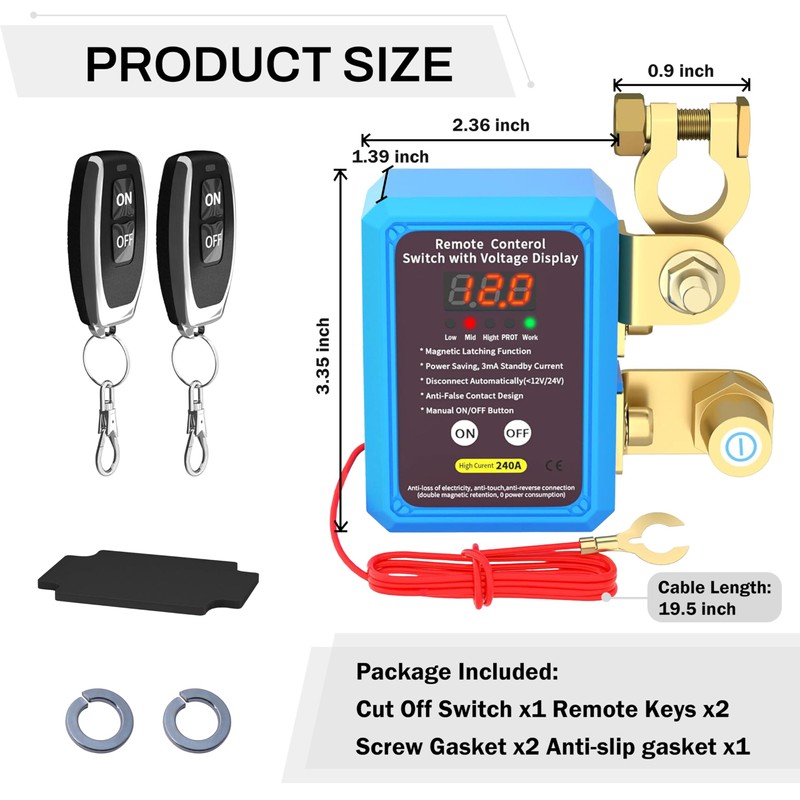 Kill Switch for Car with Led Voltage Display,12V 240A Remote