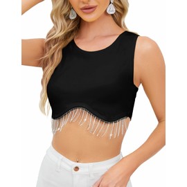 CYCLAMEN 2023 Sparkly Rhinestone Fringe Crop Tank Top Nashville Glitter Tassel Short Sleeves One Shoulder Concert Top, Tank, Black, L