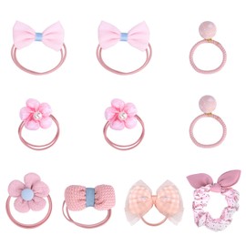 Hotalisona Toddler Hair Ties for Girls, Baby Cute Pink Bow Flower Elastic Scrunchies, Little Girls Hair Accessories for Thick Hair 10Pcs
