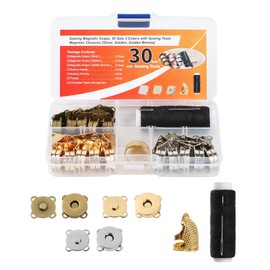 30Sets Magnetic Snaps Clasps with Sewing Accessories (Needle Thread Thimble) - Magnetic Purses Closure Buttons Clasps for Sewing DIY Craft, Purses, Bags, Clothes, Leather (14MM-3Colors)