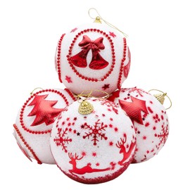 Toyland® Pack of 4-9cm Decorated Baubles - Red & White Glitter Design - Christmas Tree Decorations