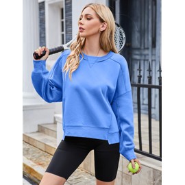 MEROKEETY Women's Oversized Cropped Sweatshirts Crewneck Fleece Workout Pullover Sweater Fall Outfits, Blue, M