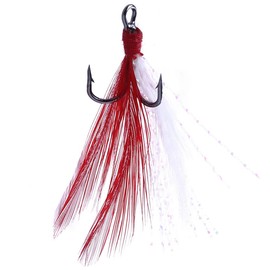 FANGBLUE 20Pcs Treble Fishing Hooks with Red and White Feather Size 4# Stainless Steel Barbed Sharp Triple Fishhook with Box for Saltwater Freshwater