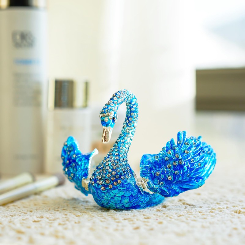 YU FENG Blue Swan Animal Jewelry Trinket Box Hinged Collectible