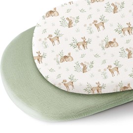 Konssy 2 Pack Muslin Bassinet Sheets for Baby Boy, 100% Cotton Soft Breathable Bassinet Mattress Sheets Fit for Hourglass Oval Cradle Rectangle Mattress (Woodland,Sage)
