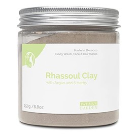 Fatima's Garden Rhassoul Clay, 100% Natural Moroccan Ghassoul Clay Powder for Face, Hair & Hammam; enriched with Argan and 6 Herbs, Cleansing & Softening & Purifying for hamam-8.8oz / 250gr