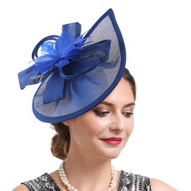Bubbmi Lady Fascinators Pillbox Hat, Sinamay Headwear with Feather, Church Wedding Derby Cocktail Tea Party Headpiece for Women(C Royal Blue)