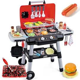 Juguetes de cocina para niños, juego de parrilla de barbacoa para niños con humo, sonido y luz, juguete de barbacoa de 2 niveles con rueda, juguetes de parrilla de juego al aire libre para niños