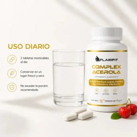 Flairfit® Complex Acerola 60 tabletas masticables | Suplemento alimenticio | Probióticos y vitamina D3 | Sabor cereza