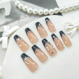 French Tip Press on Nails Fake Nails with White Bow Rhinestones Designs Black Nails Press ons Glossy Glue on Nails Nude False Nails Cute Acrylic Nails Artificial Stick on Nails for Women 24Pcs