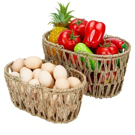 Edergoo Egg Basket for Gathering Fresh Eggs, Nesting Egg Collecting Basket 2 Pack, Handmade Wicker Basket with Handles, Farmhouse Seagrass Picnic Basket Harvest Basket