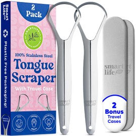 Tongue Scraper For Adults & Kids - 2 Pack Stainless Steel Tongue Scraper Travel Metal Case | Mouth Cleaner For Bad Breath Treatment | Best Disposable No Plastic Scrubber | Oral Care Hygiene Essentials