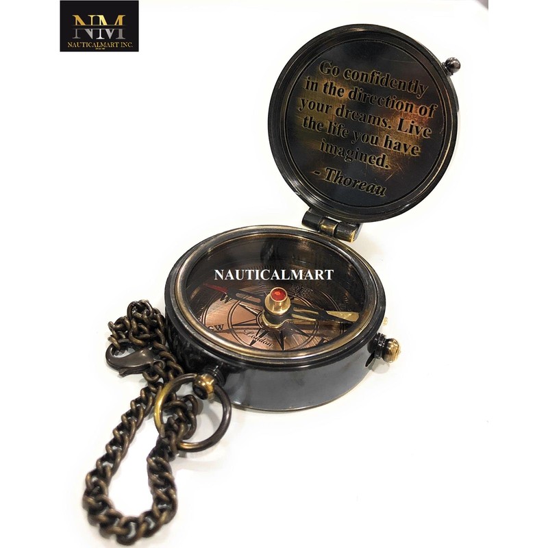 Thoreau's Go Confidently Quote Engraved Compass with Stamped Leather case,