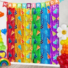 2 Pack Rainbow Foil Fringe Curtains Backdrop Birthday Party Decorations, 3.28 x 6.56 Ft Birthday Party Hats Colorful Foil Fringe Curtains Tinsel Streamer Photo Booth Props Party Decorations Supplies