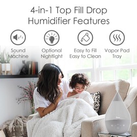 Crane Ultrasonic Humidifiers for Bedroom and Office, 1 Gallon 4-in-1 Cool Mist Air Humidifier for Large Room and Home, Humidifier Filters Optional, Grey