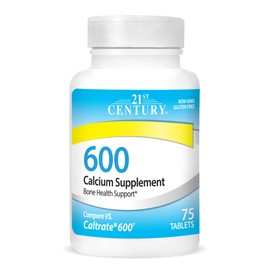 21st Century Calcium 600 mg Supplement (75 Tablets), Vegan-Friendly Bone Strength Calcium Supplement, Non-GMO & Gluten-Free Calcium Carbonate, No Artificial Flavors, Suitable for Men & Women