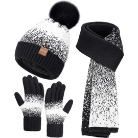 Winter Beanie Hat Scarf Gloves Set for Women, 3 PCS Warm Beanie with Pom Pom Long Knit Neck Scarf Touchscreen Gloves Fleece Lined Hat Winter Gifts for Cold Weather Birthday Christmas Gifts for Adult