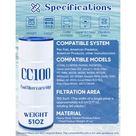 CC100 Pool Filter Cartridge Compatible with Pentair CC100, Clean & Clear CCRP100, PAP100, PAP100-4, C-9410, R173215, Filbur FC-0686, 59054200, 160316, 160354, SP100 Predator 100, 100 sq.ft, 160 Pleats