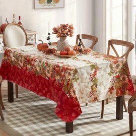 Newbridge Bountiful Fall Harvest Vinyl Flannel Backed Autumn Tablecloth - Pumpkin, Sunflower and Leaf Border Thanksgiving Country Cottage Easy Care Tablecloth, 60” x 84” Oblong/Rectangle
