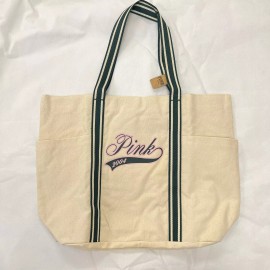 Victoria's Secret Pink Cotton Large Weekender Tote Bag Travel Pink Green Logo