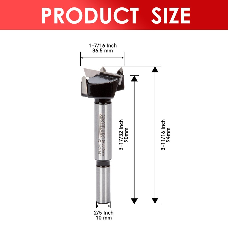 Mollom 1-7/16" (36.5mm) Forstner Drill Bit for Precise Woodworking with