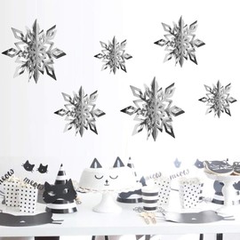 Christmas Silver Hanging Snowflakes Decorations 3D Large Glittery Silver Snowflakes Garland for Christmas Winter Wonderland Holiday New Year Home Party Decorations Supplies